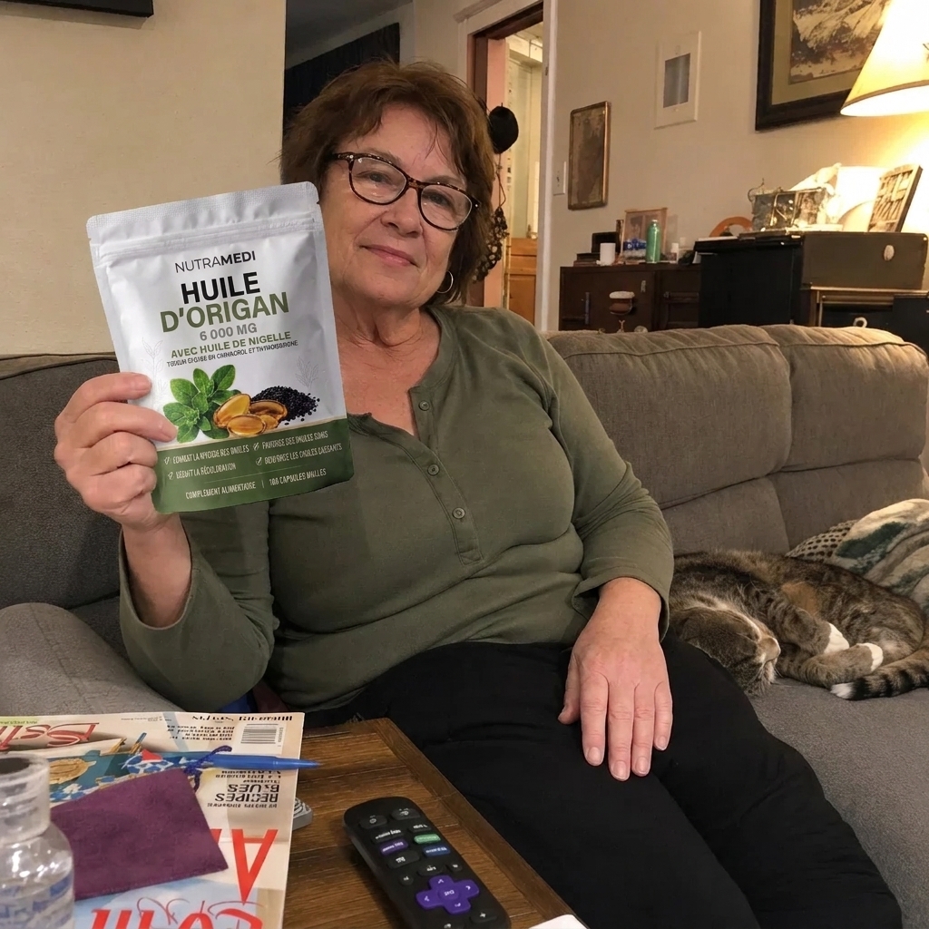 A woman sits on a couch holding a pouch of Nutramedi Huile D'Origan, with a cat sleeping beside her.