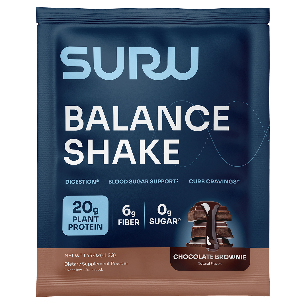 SURU Balance Shake packet with chocolate brownie flavor, 20g protein, 6g fiber, 0g sugar.