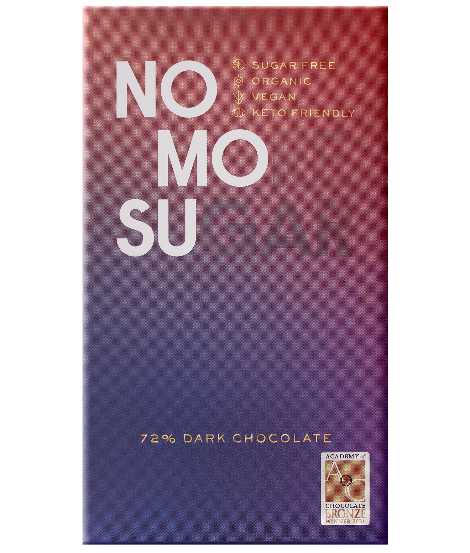 Chocolate bar packaging labeled 'No More Sugar,' 72% dark, sugar-free, organic, vegan, keto-friendly.