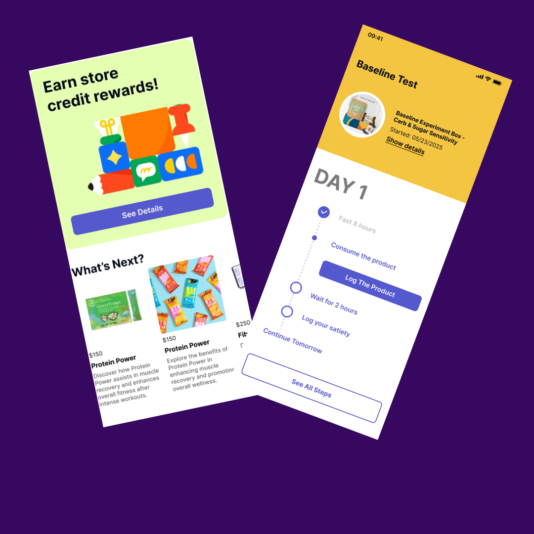 Two overlapping smartphone screens displaying app interfaces on a purple background.