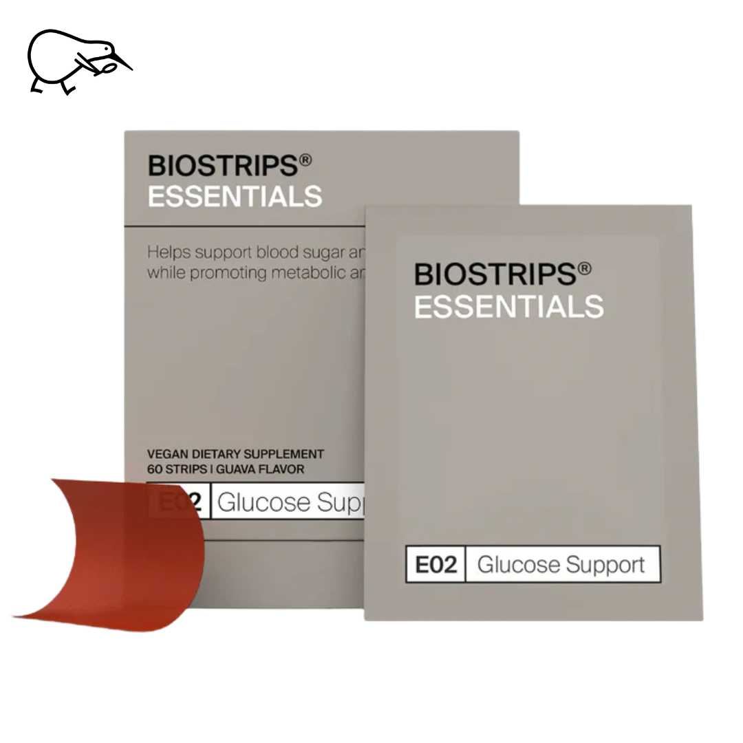 Two Biostrips Essentials packages labeled 'Glucose Support' with a red strip.