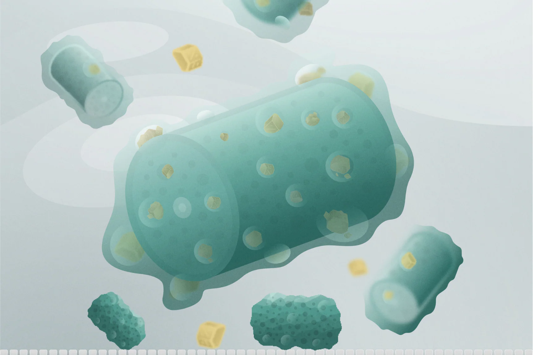Illustration of teal cylindrical objects with yellow particles floating in a light background.