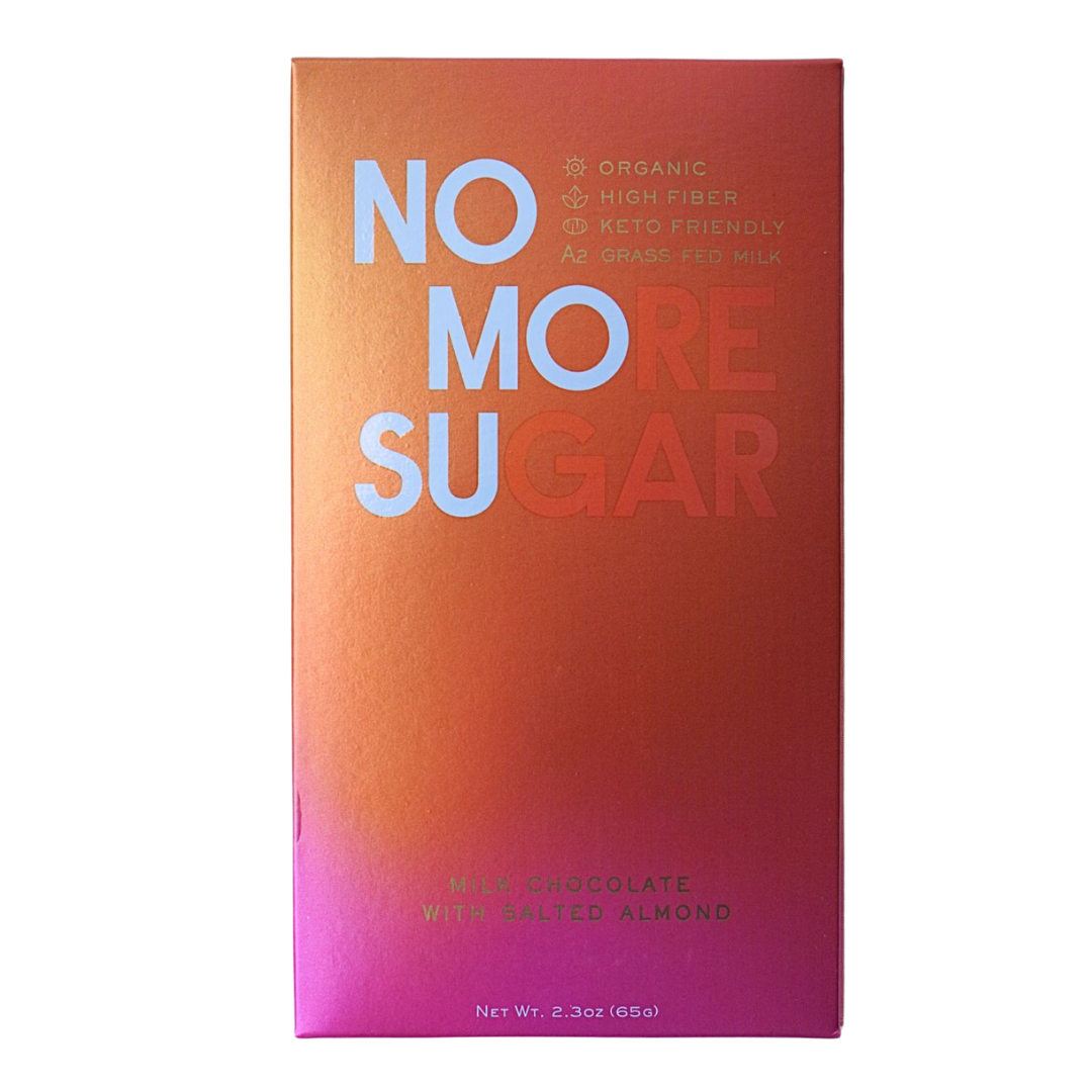Red and orange chocolate bar packaging with 'No More Sugar' text.