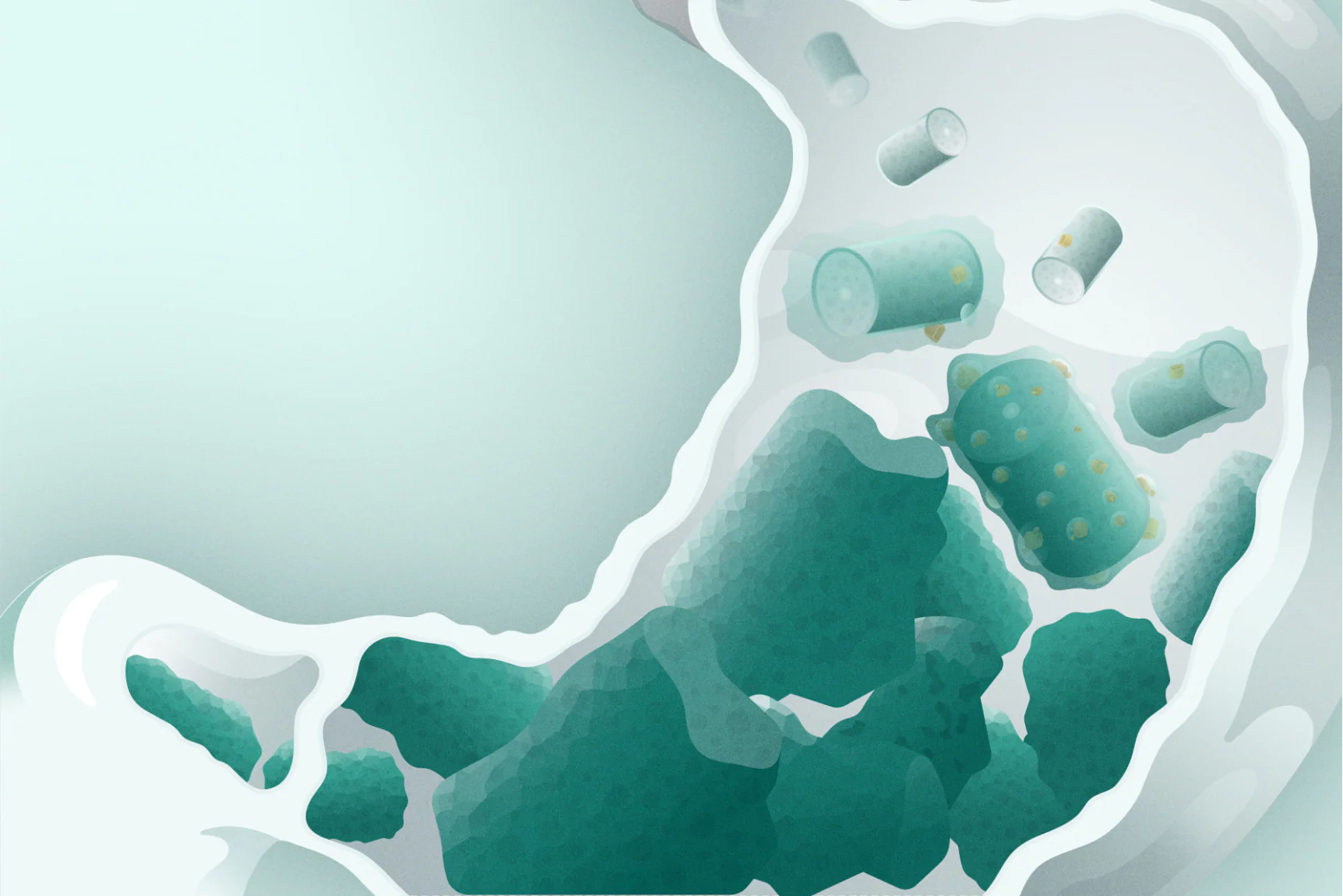 Illustration of teal cylindrical objects with yellow particles floating in a light background.
