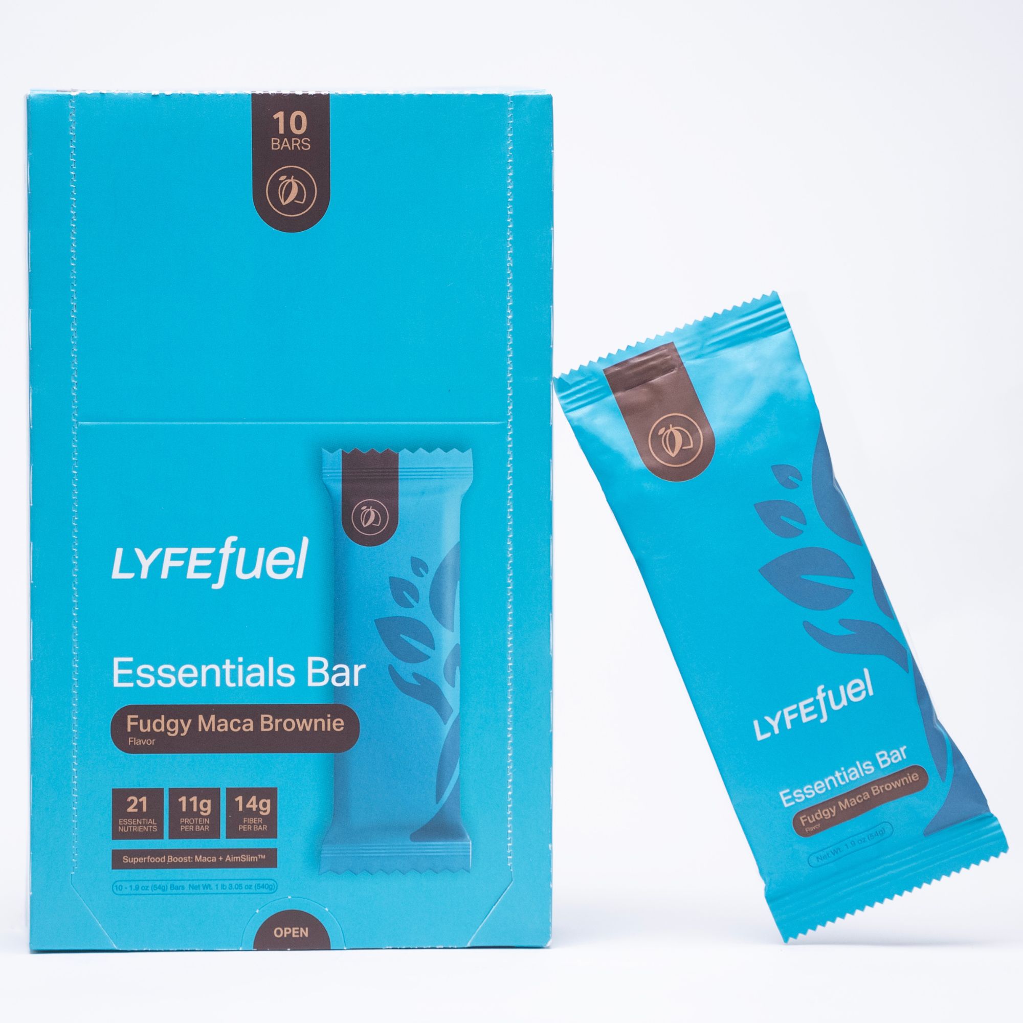 Blue packaging of LYFEfuel Essentials Bar, Fudgy Maca Brownie flavor.