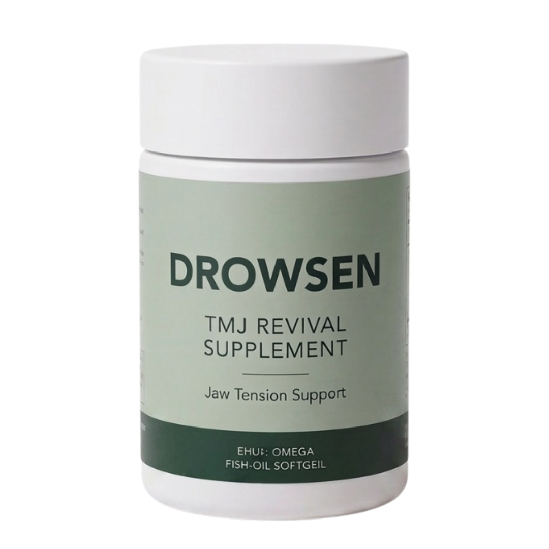 A white bottle of Drowsen TMJ Revival Supplement, a jaw tension support supplement, on a white background.