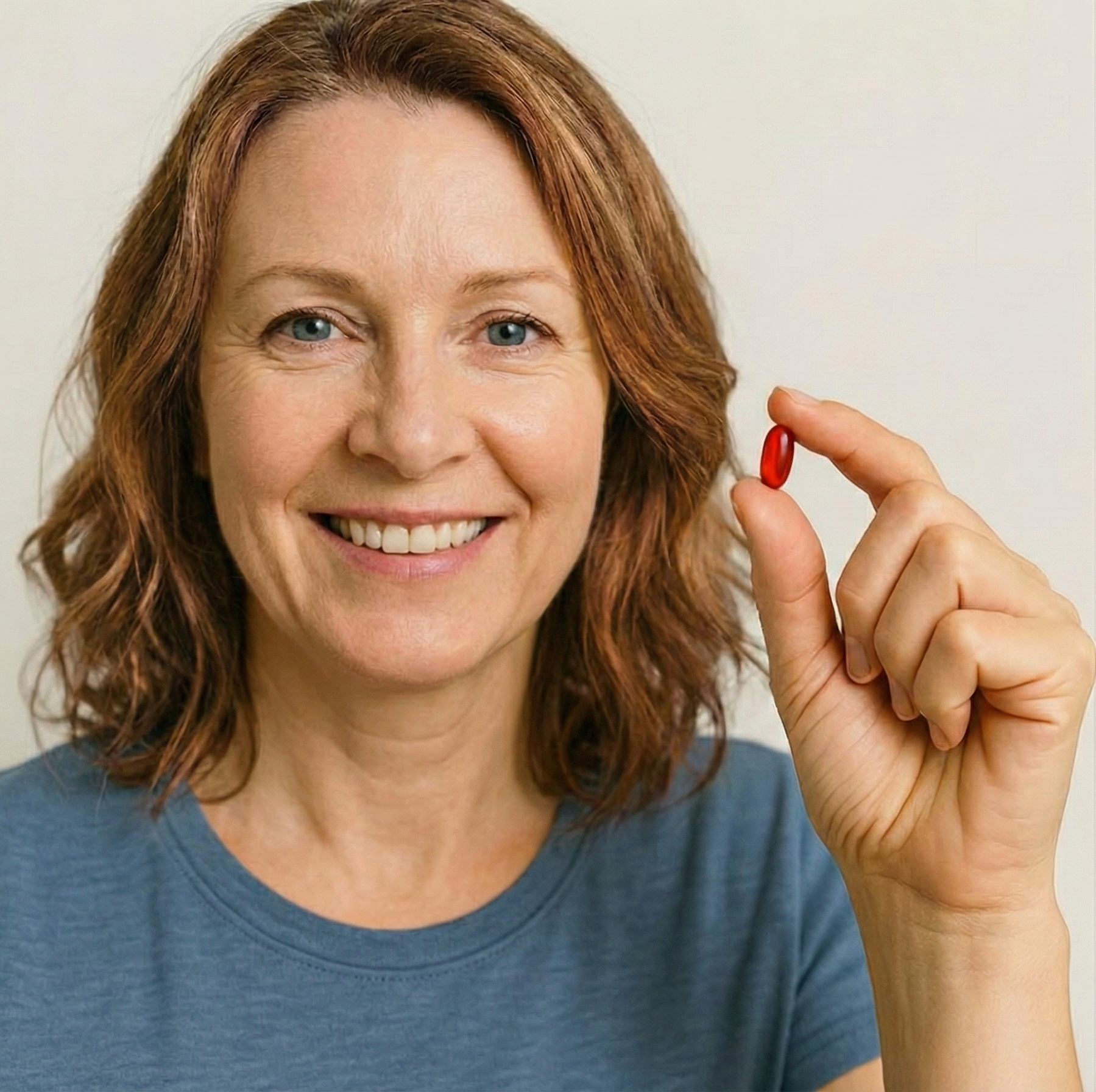 Smiling woman holding a small red capsule between fingers.