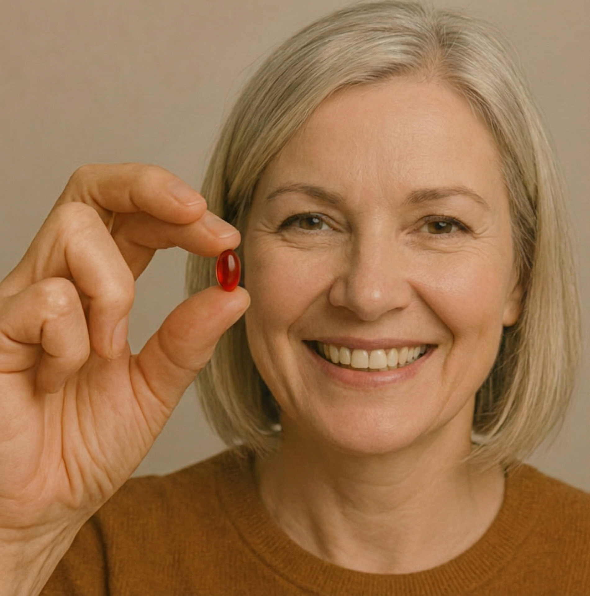 Person smiling while holding a red capsule between fingers.