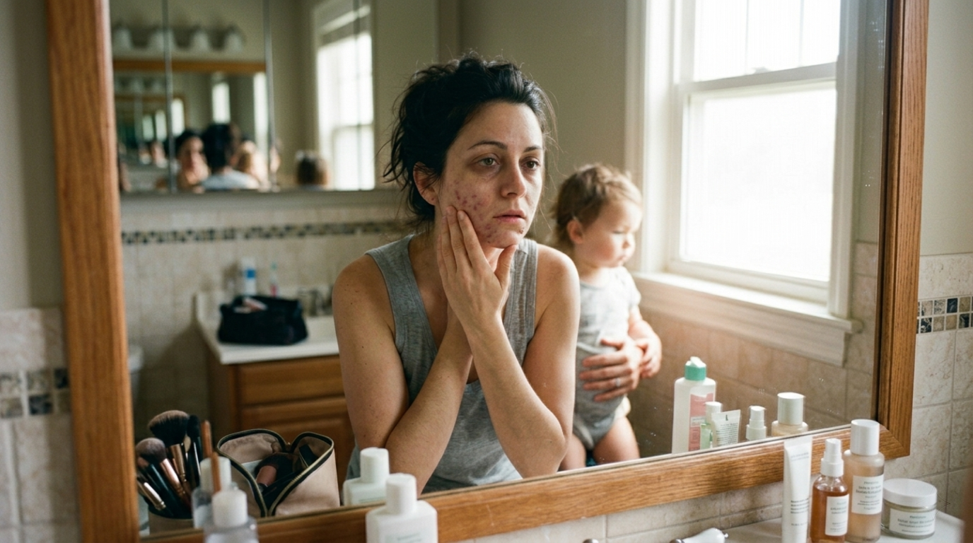 A woman with acne examines her face in a bathroom mirror while a toddler stands beside her.