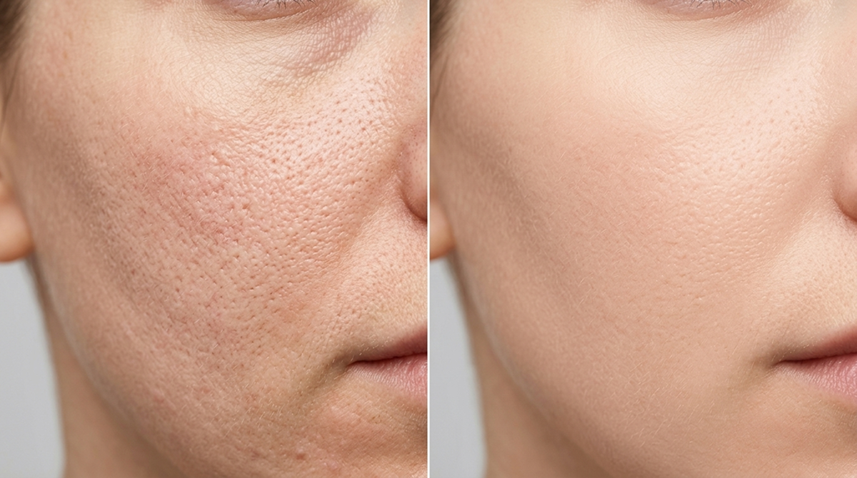 A before-and-after image showing a close-up of a cheek, with large pores on the left and smooth skin on the right.