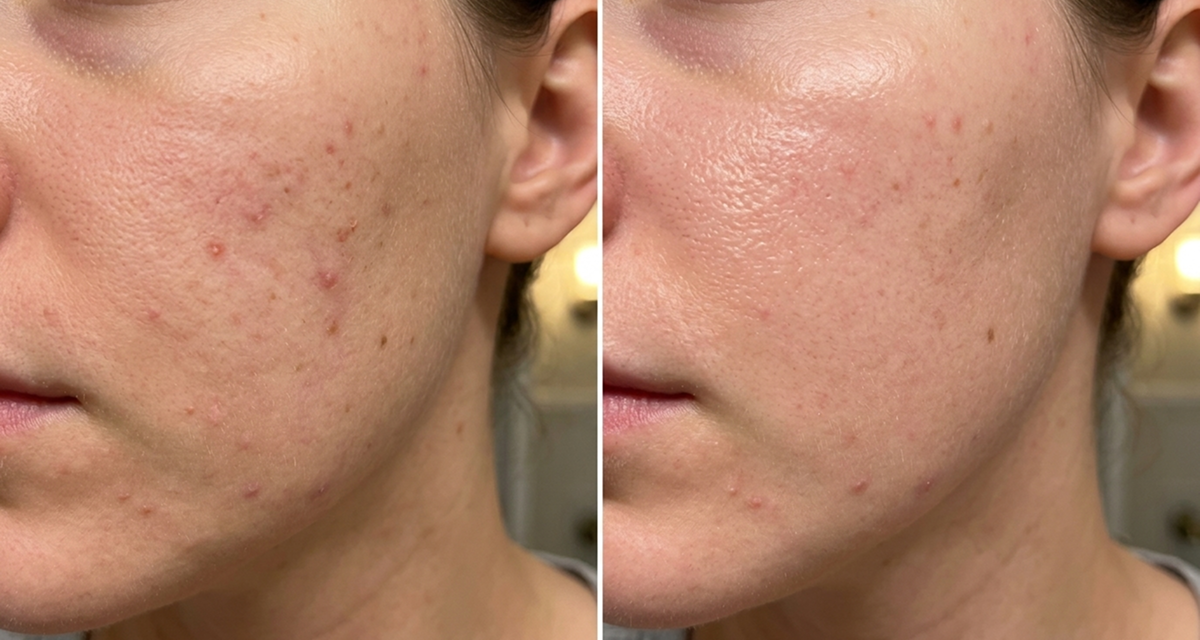 A before-and-after, side-by-side comparison of a person's cheek, showing a reduction in acne and redness.