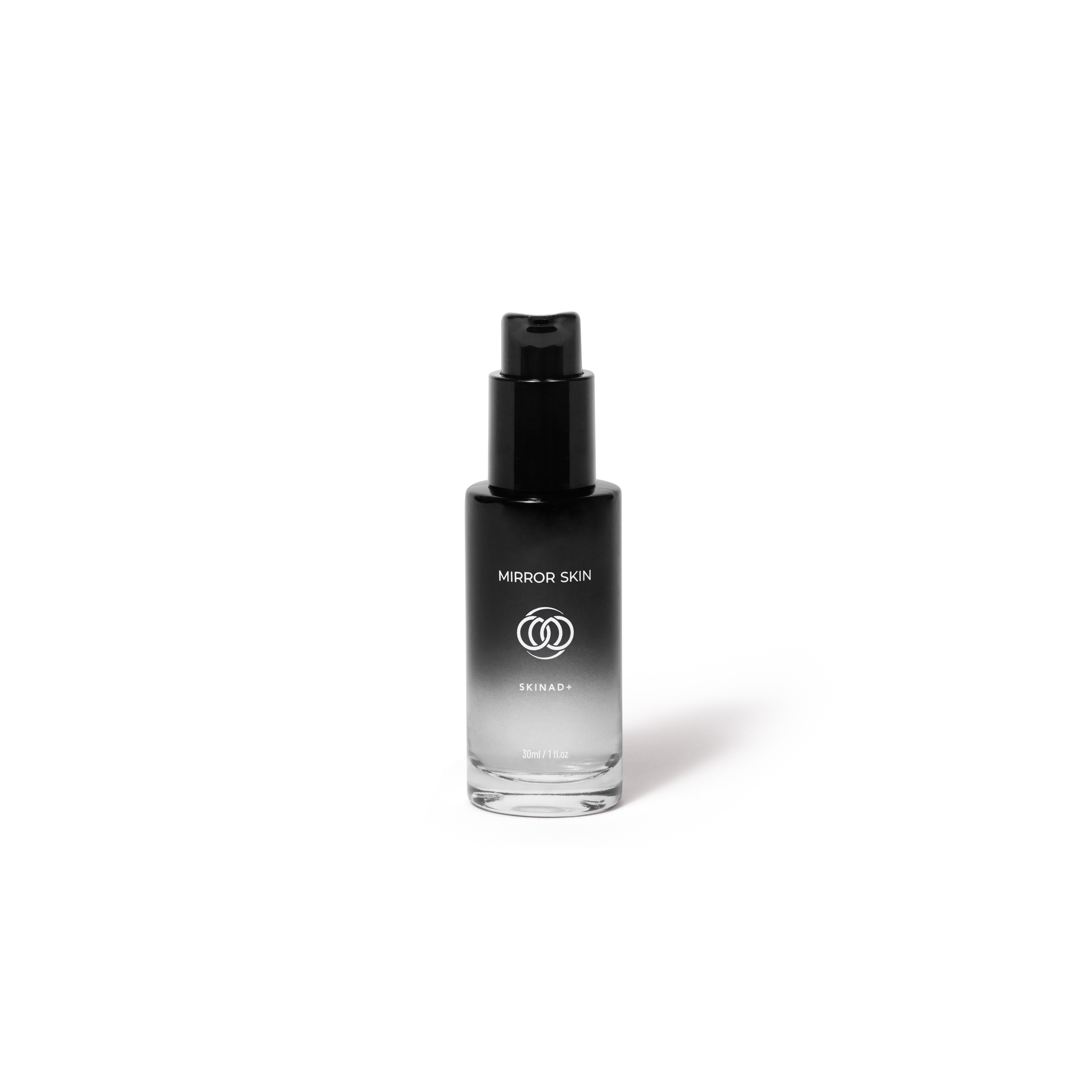 Black gradient cosmetic bottle labeled 'Mirror Skin' on a white background.