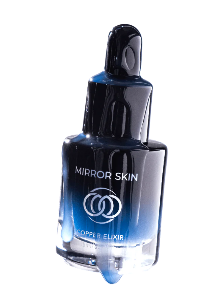 A tilted blue and black gradient dropper bottle of Mirror Skin Copper Elixir against a white background.