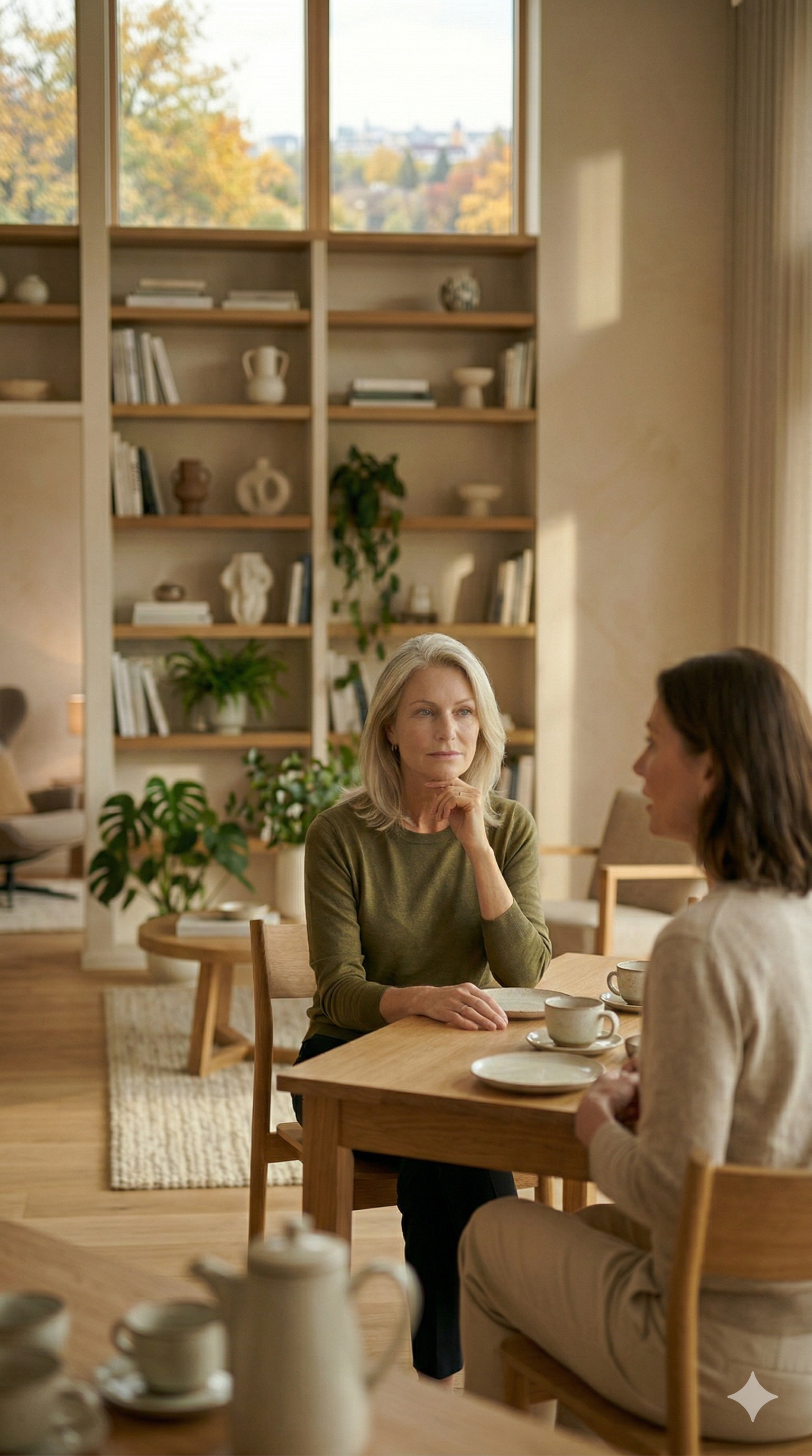 Two women sit at a wooden table in a bright, modern room, engaged in a thoughtful conversation.
