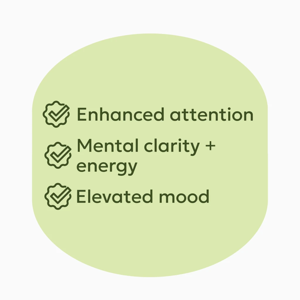 A graphic with a checklist of benefits: Enhanced attention, Mental clarity + energy, and Elevated mood.