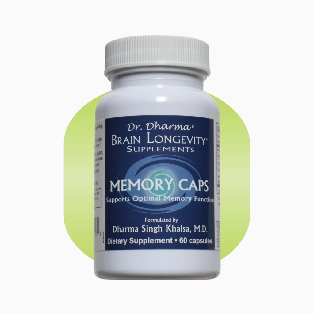 A white bottle of Dr. Dharma Brain Longevity Supplements Memory Caps against a green circular background.