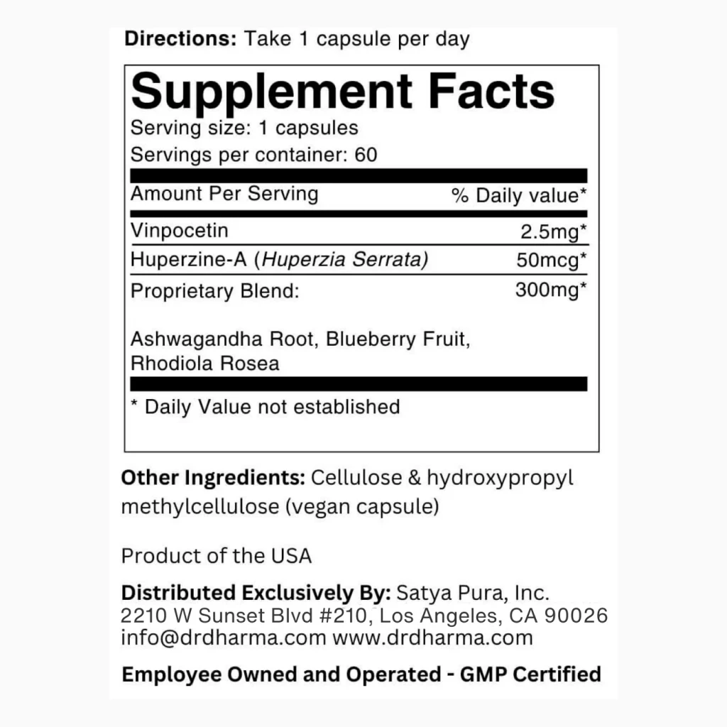 The supplement facts label for a dietary supplement, listing ingredients, serving size, and manufacturer information.