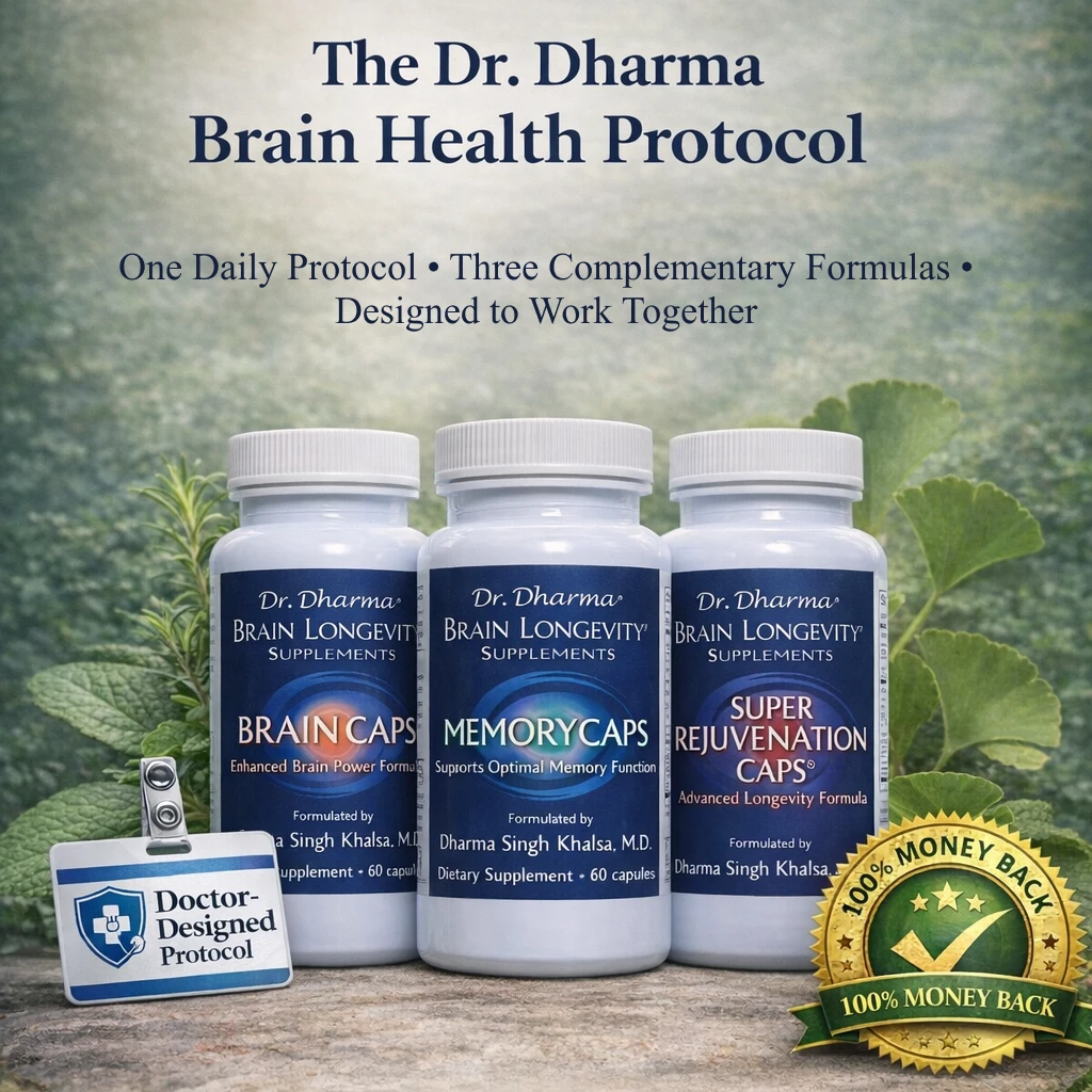Three bottles of Dr. Dharma Brain Longevity supplements sit on a wooden surface with plants in the background.