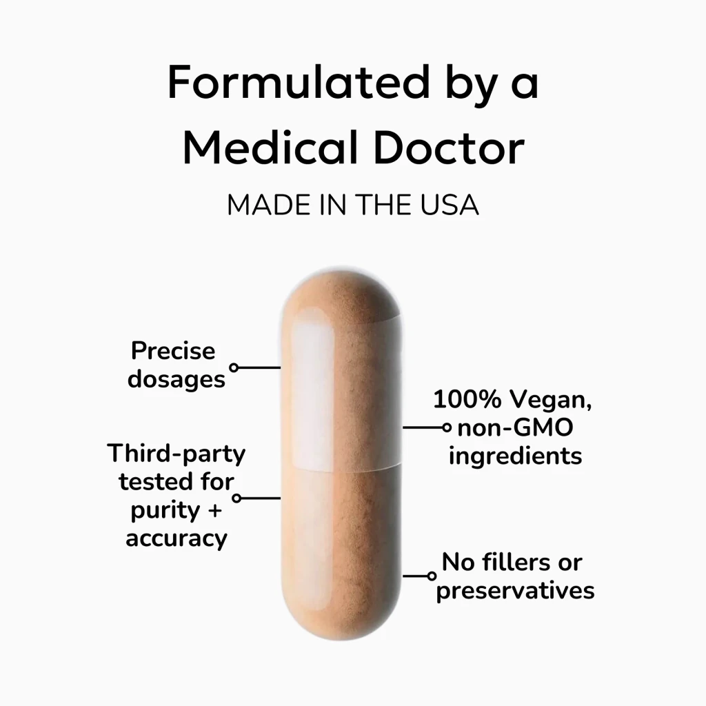 An image of a supplement capsule with text callouts highlighting its features and benefits.