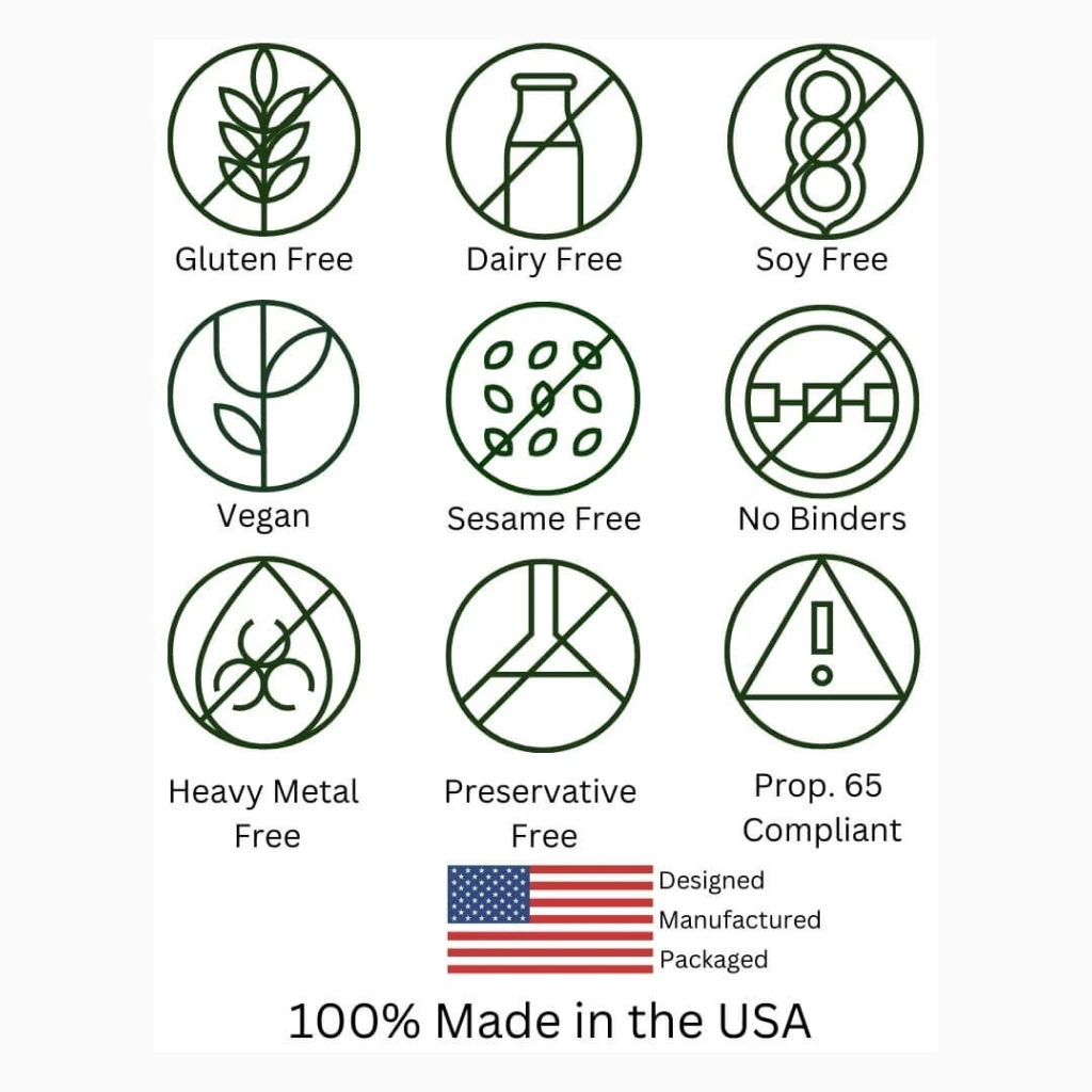 Product attribute icons like Gluten Free and Vegan, with text reading '100% Made in the USA'.