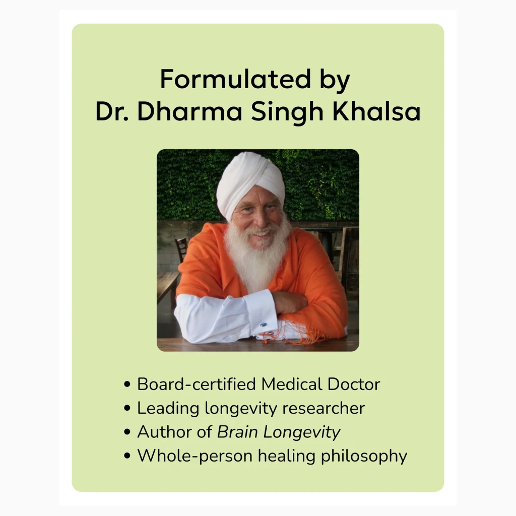 A graphic featuring a photo of Dr. Dharma Singh Khalsa with a bulleted list of his credentials.