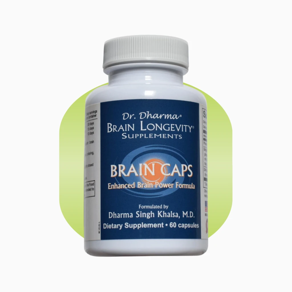 A white bottle of Dr. Dharma Brain Longevity Supplements Brain Caps against a green circular background.