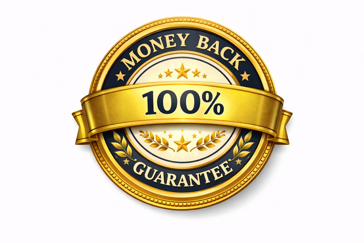 A gold and black circular emblem that says '100% Money Back Guarantee' on a white background.