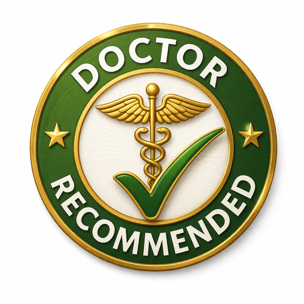 A green and gold circular seal that reads 'Doctor Recommended' with a caduceus symbol and a checkmark.