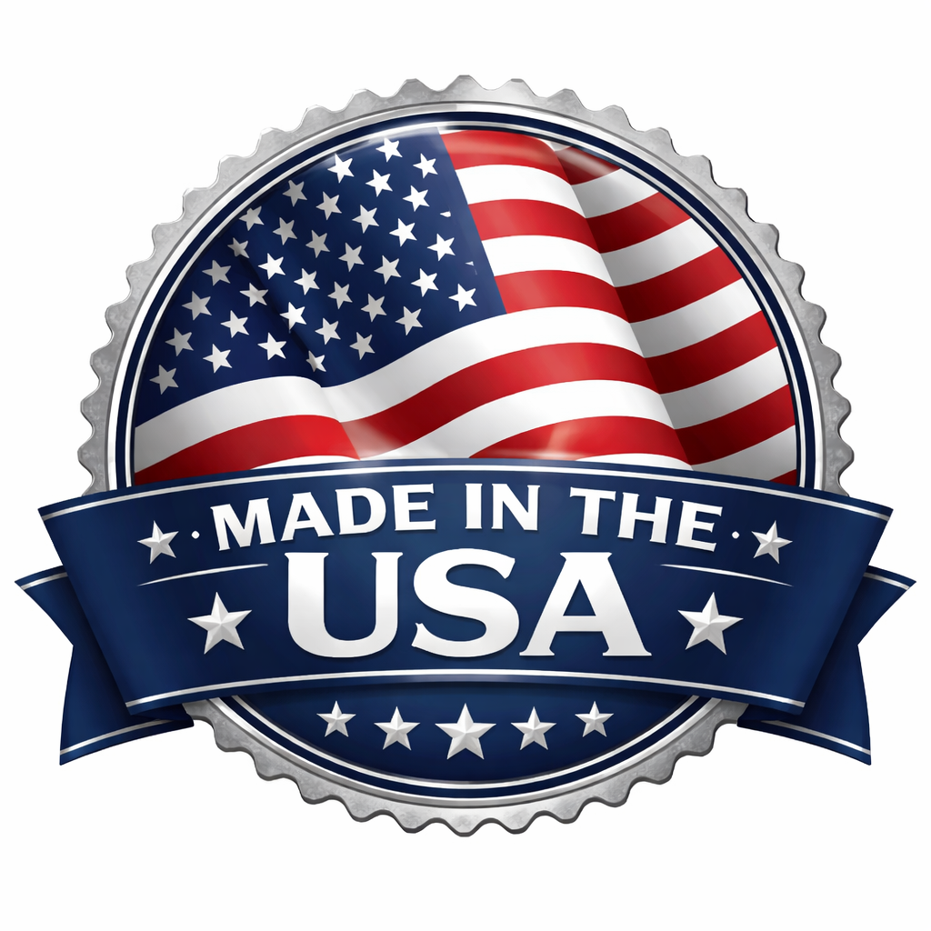 A 'Made in the USA' badge featuring an American flag and a blue ribbon.