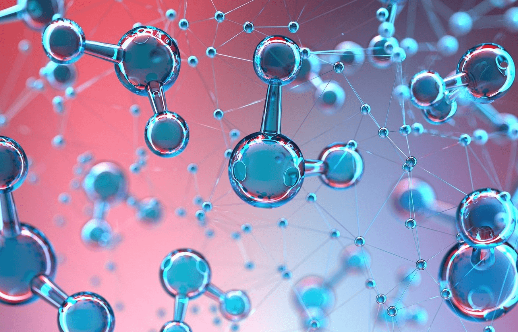 Abstract representation of molecules with blue and red spheres connected by lines.