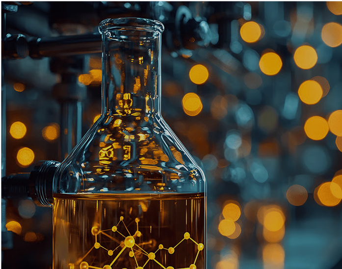 Glass flask with amber liquid and molecular pattern, blurred lights in background.
