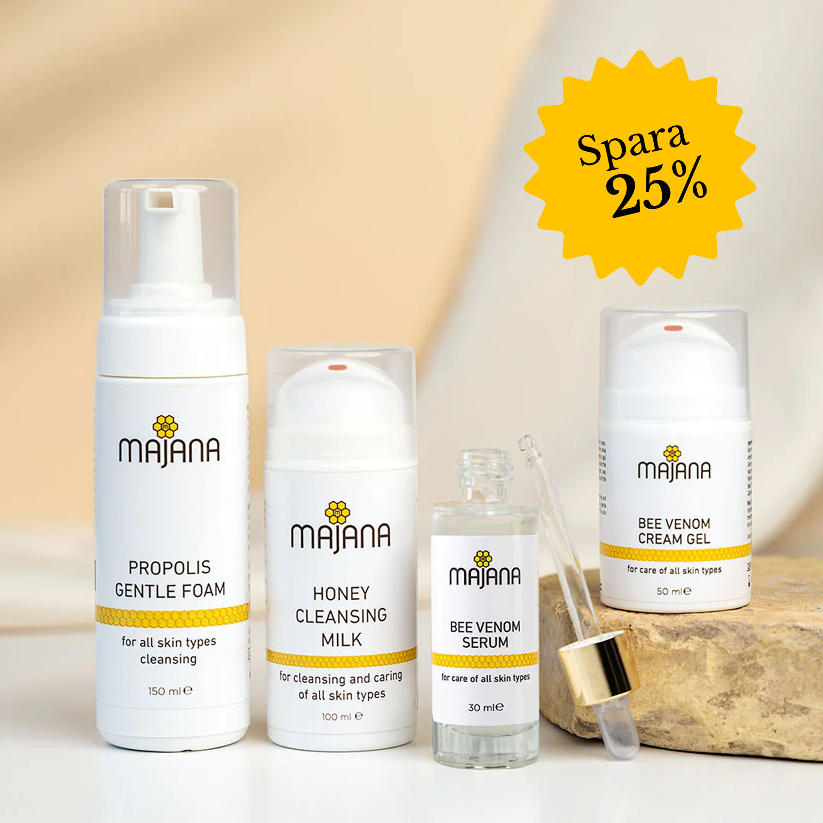 Four Majana skincare products with a 25% discount label.