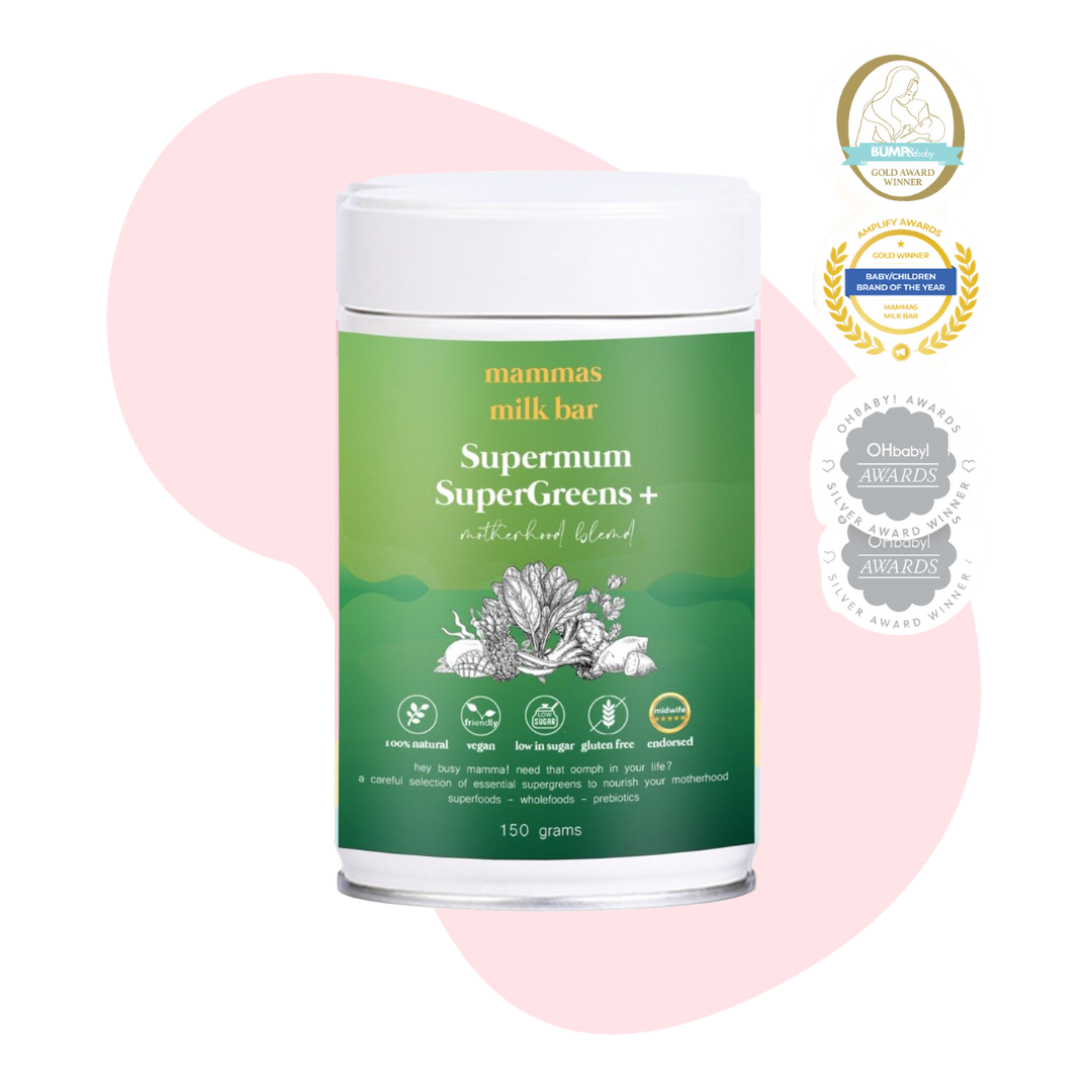 Green container of 'Supermum SuperGreens+' with award badges on the side.