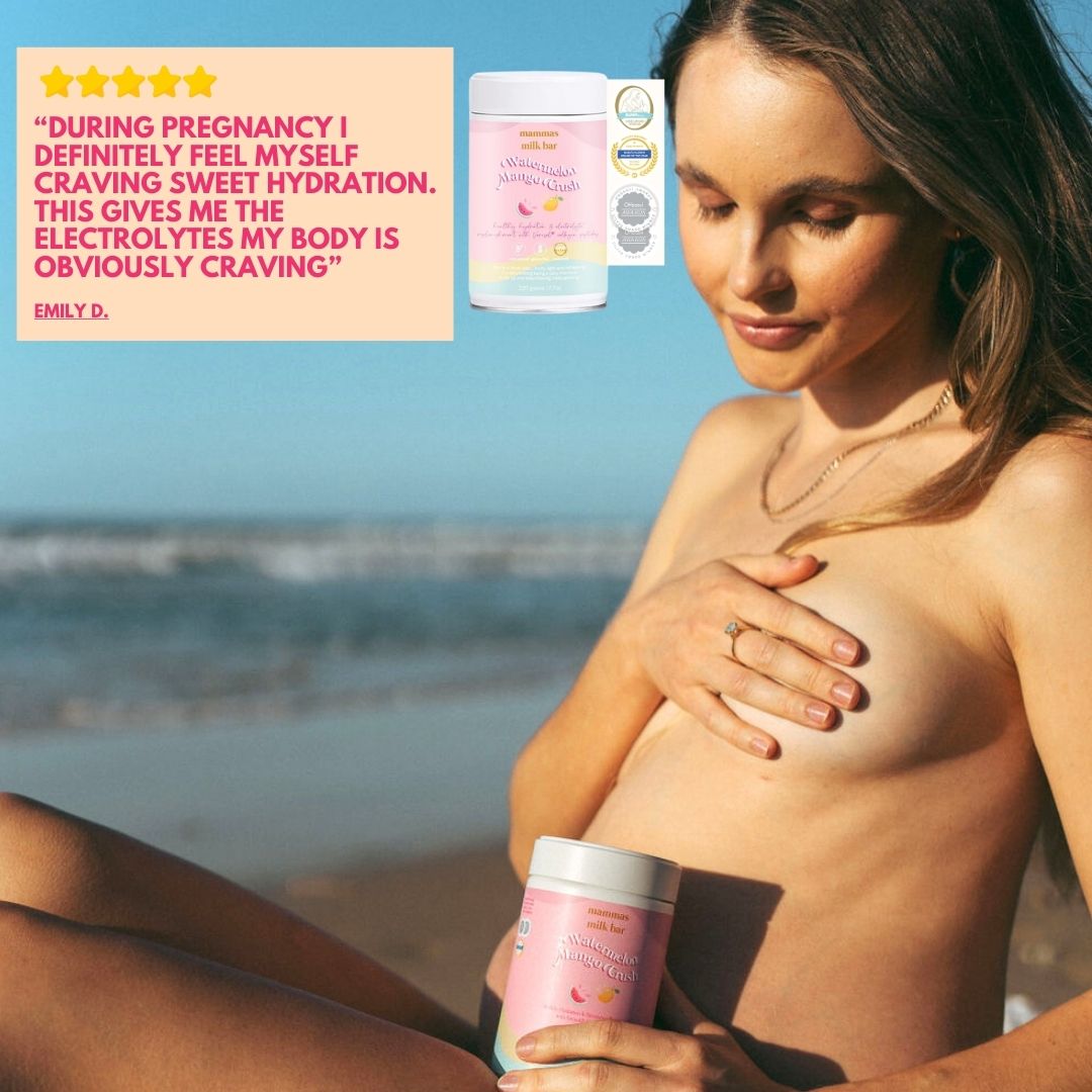 Pregnant woman holding a product container on a beach with a testimonial and product image overlay.