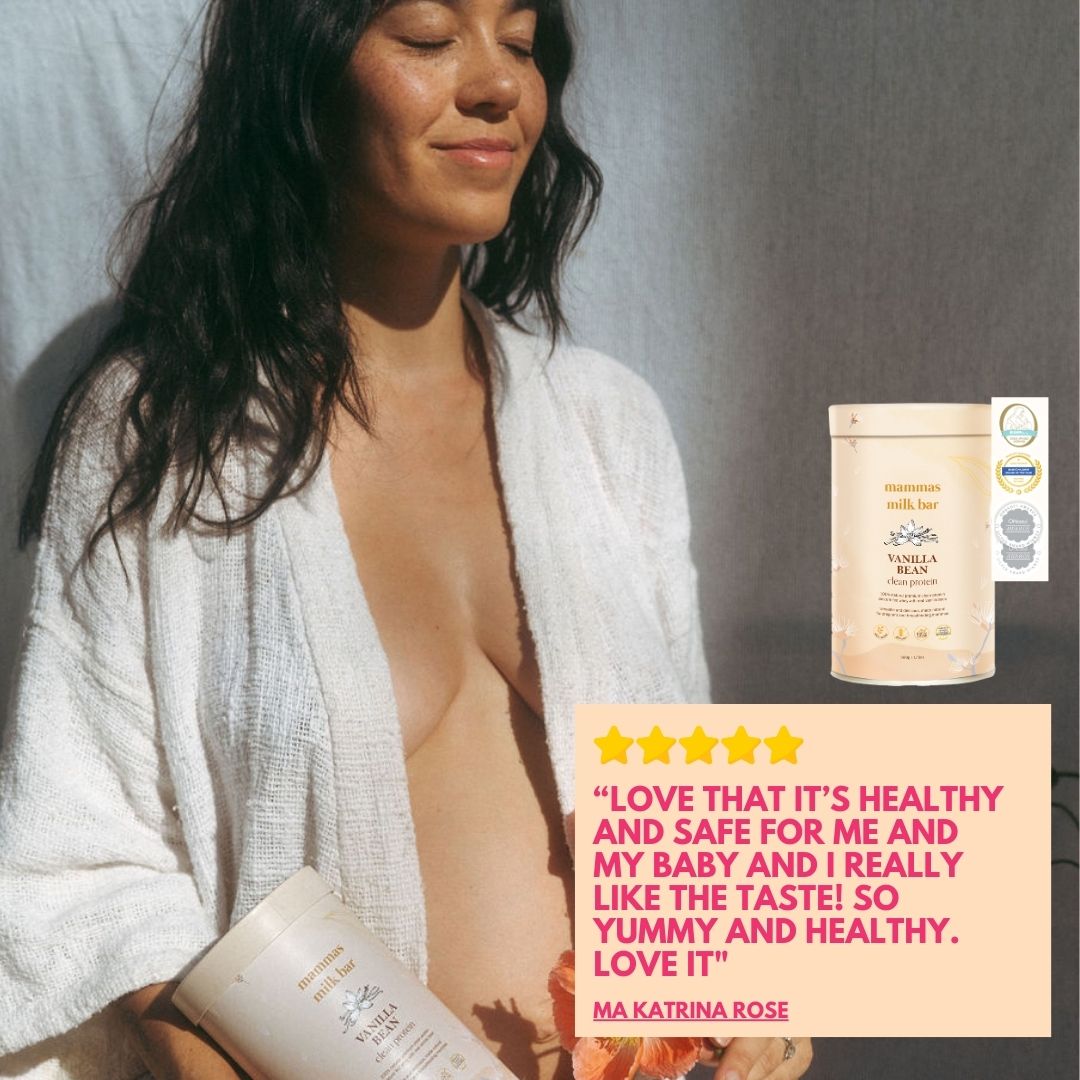 Woman in a robe holding a product, with a positive review displayed.