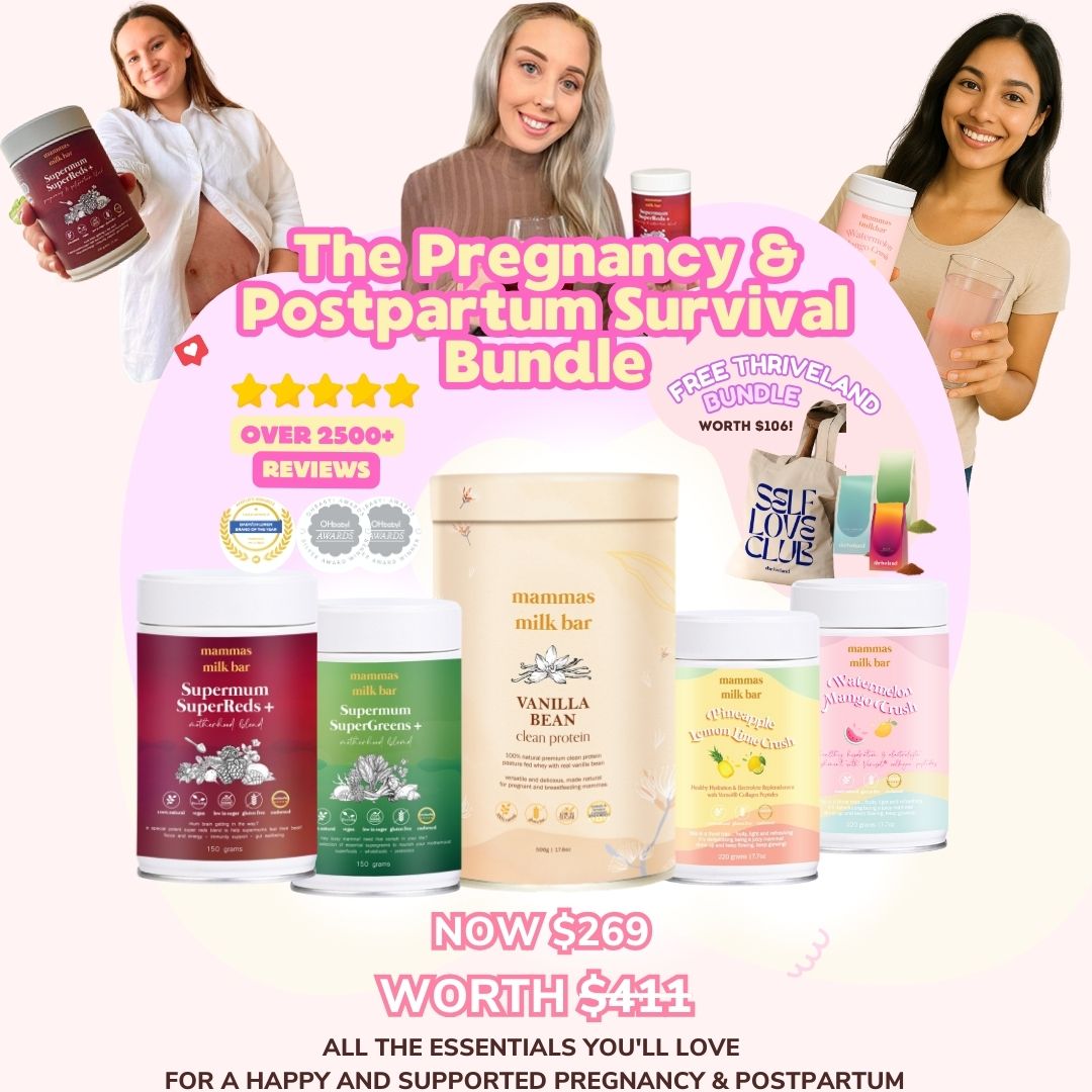 Promotional image for a pregnancy and postpartum product bundle with three women holding products.