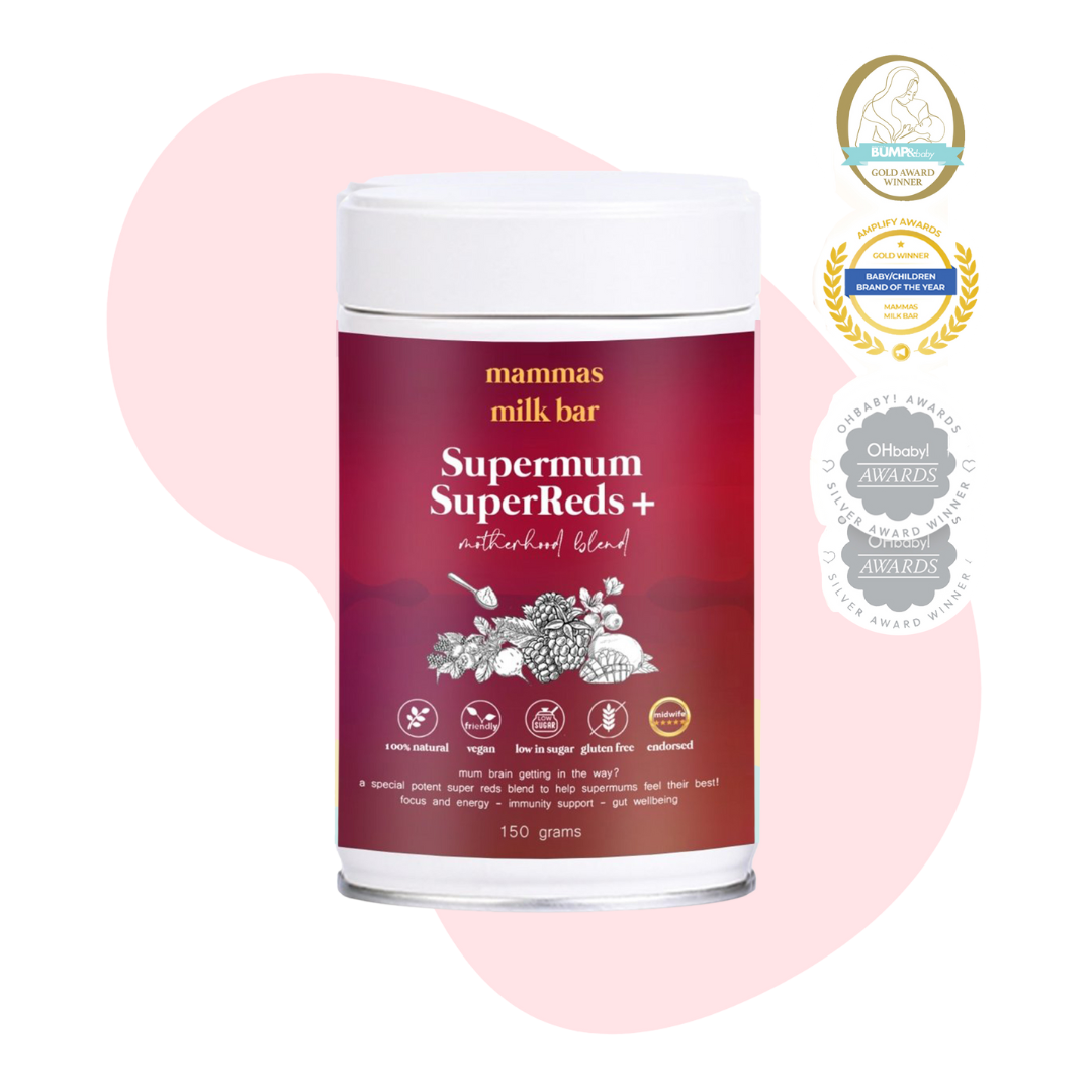 Red container of 'Supermum SuperReds+' with award badges on the side.