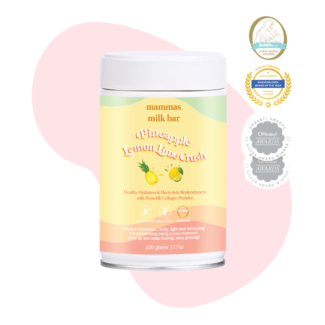 Product container labeled 'Pineapple Lemon Lime Crush' with award badges on the side.