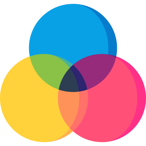 A Venn diagram made of three overlapping translucent circles in yellow, blue, and pink.