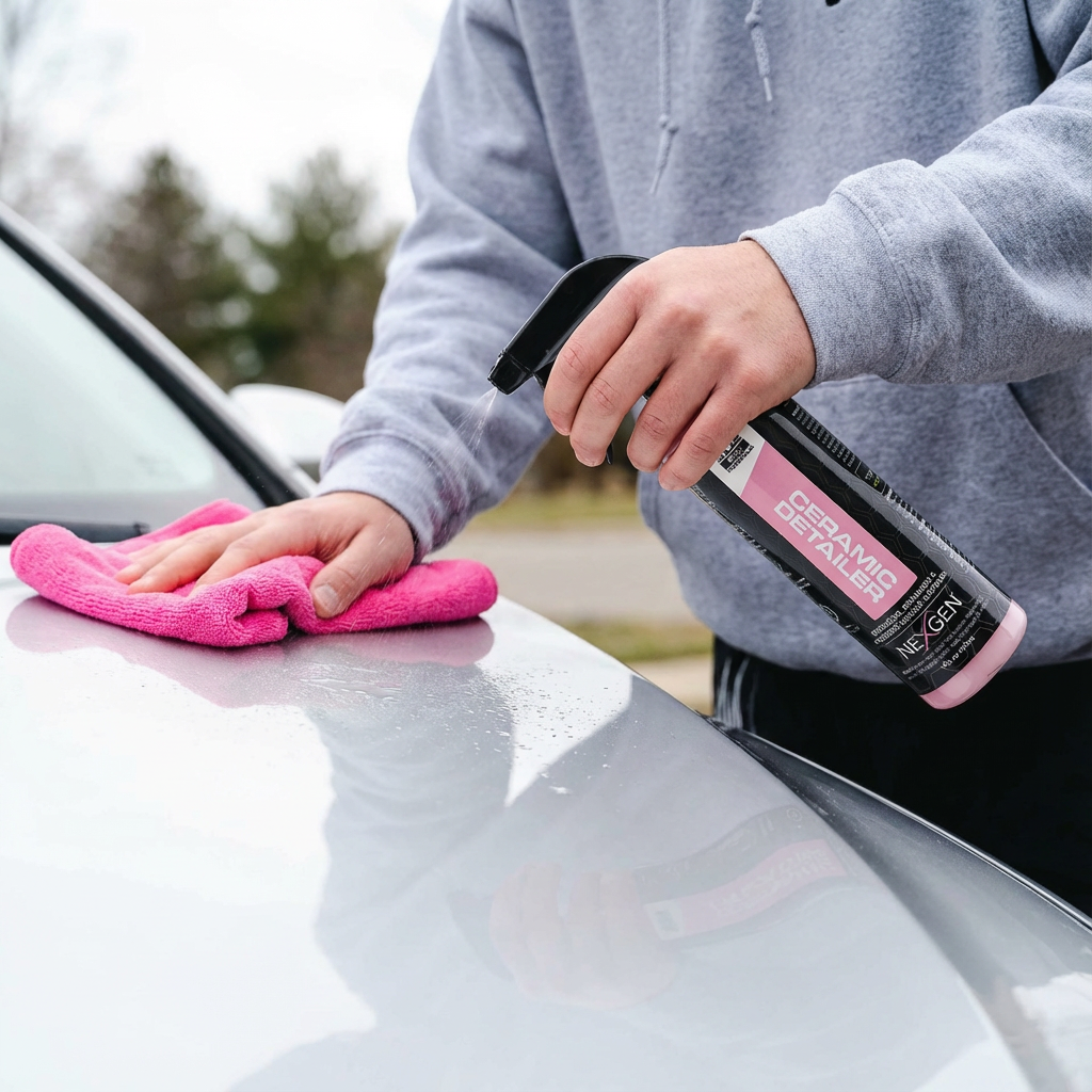 Person cleaning a car surface with spray and pink cloth.