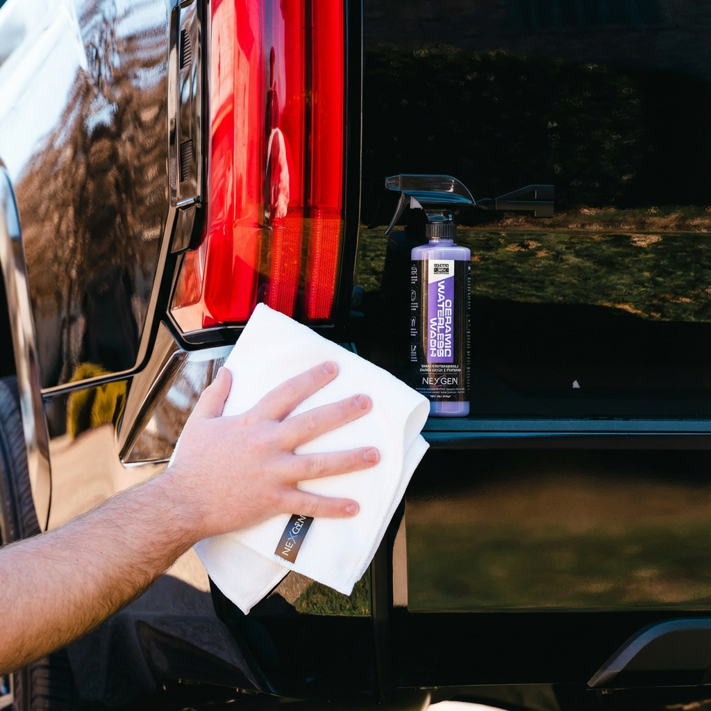 Hand cleaning a black car with a cloth and spray bottle.