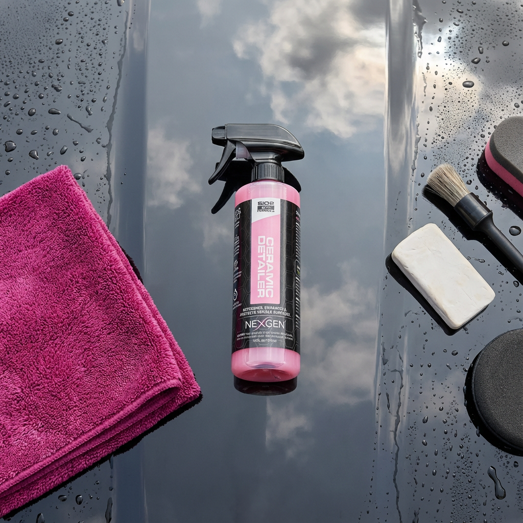 Ceramic detailer spray, cloth, brush, and tools on a reflective black surface with water droplets.