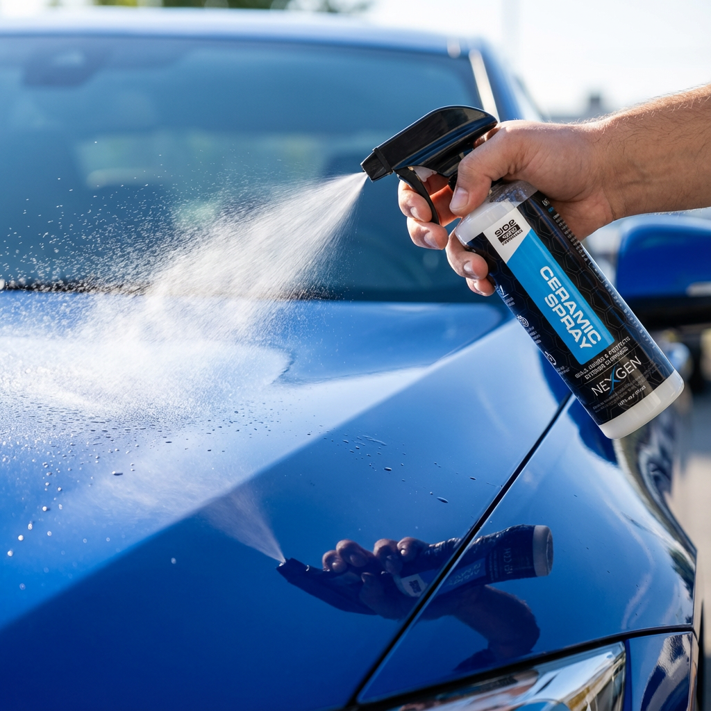Person spraying ceramic spray on a blue car hood.