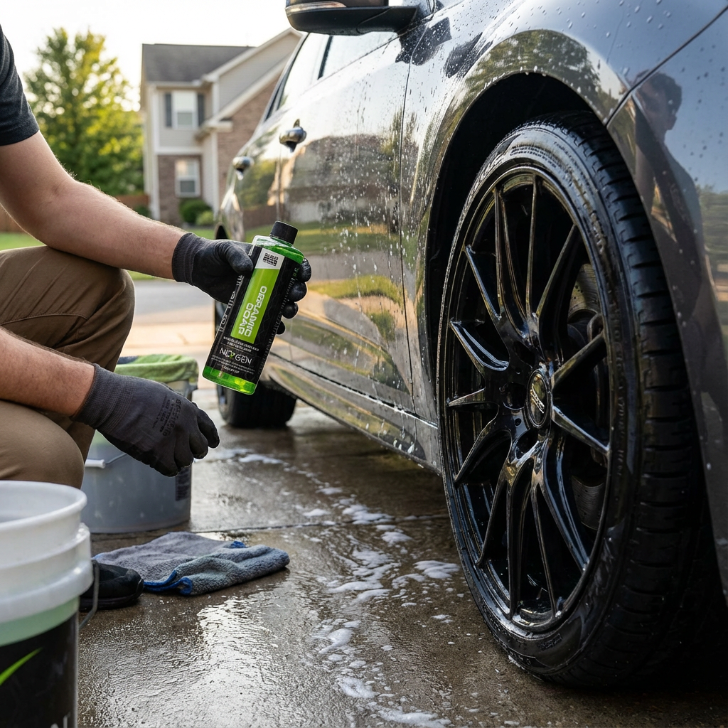 Person cleaning a car wheel with a cleaning product and gloves.