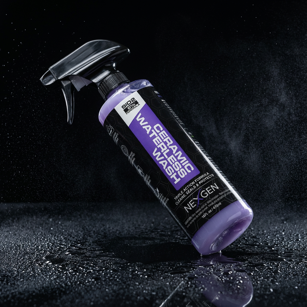 Purple spray bottle labeled 'Ceramic Waterless Wash' on wet surface.