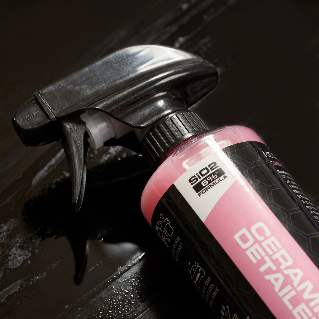 Person cleaning car hood with spray and pink cloth.