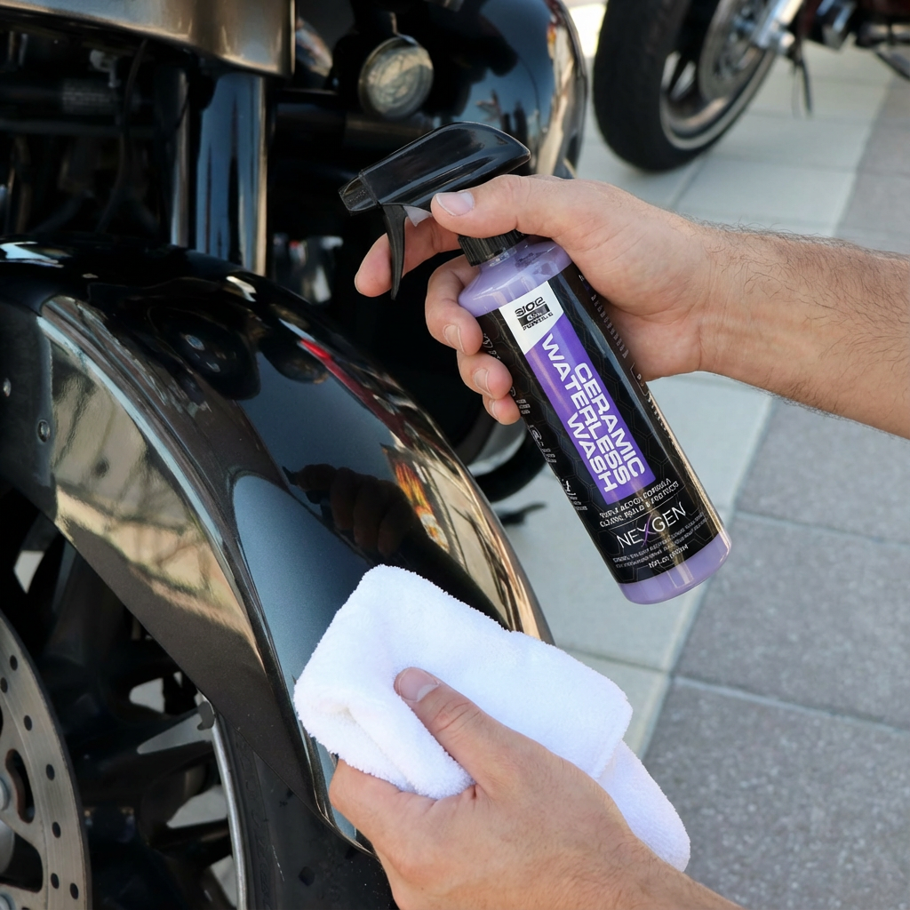 Hands cleaning a motorcycle with a ceramic wash spray and cloth.