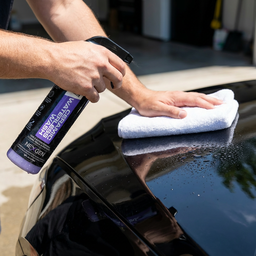 Person using spray bottle and towel to clean car surface.