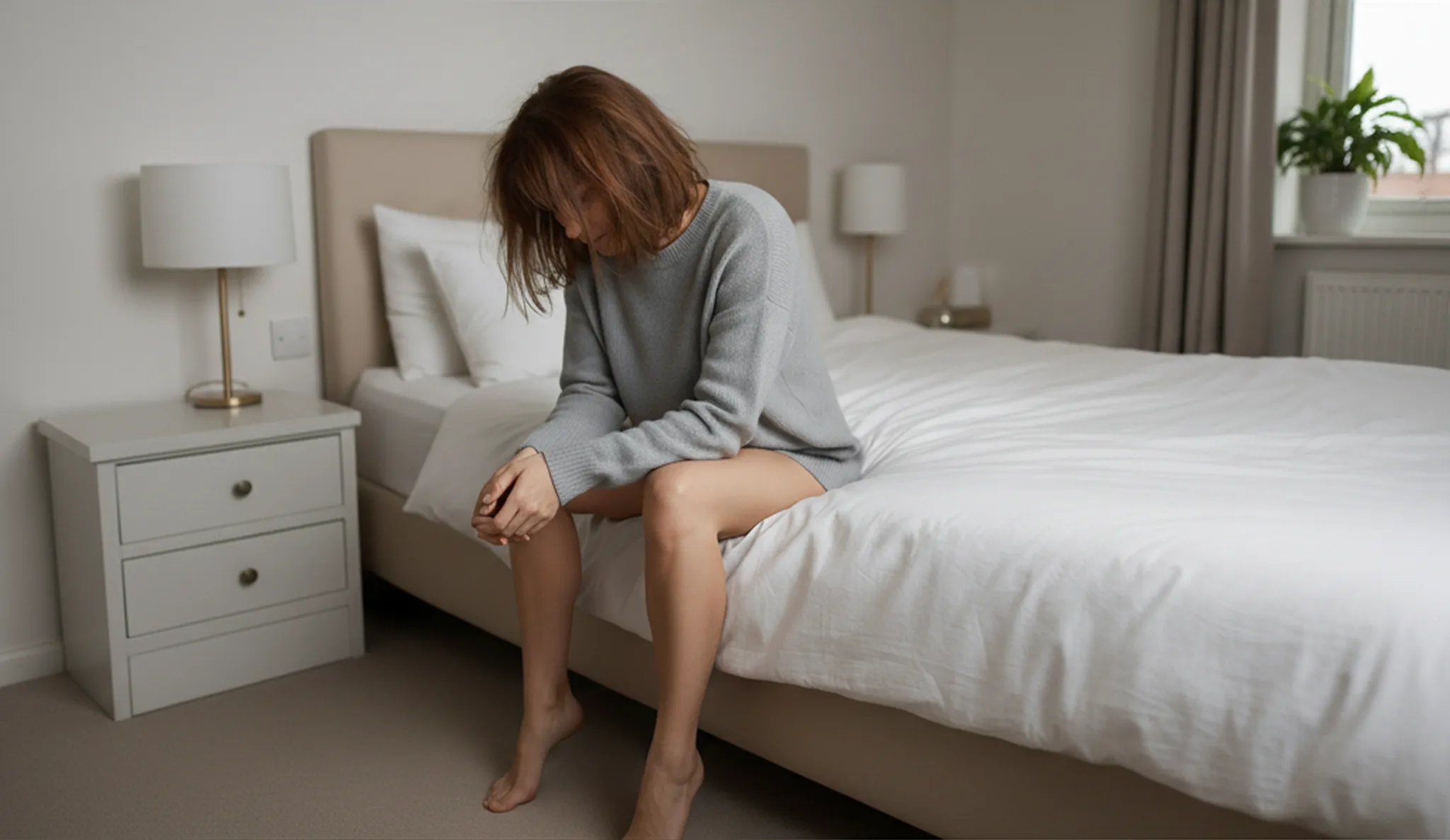Person sitting on a bed in a minimalistic bedroom.