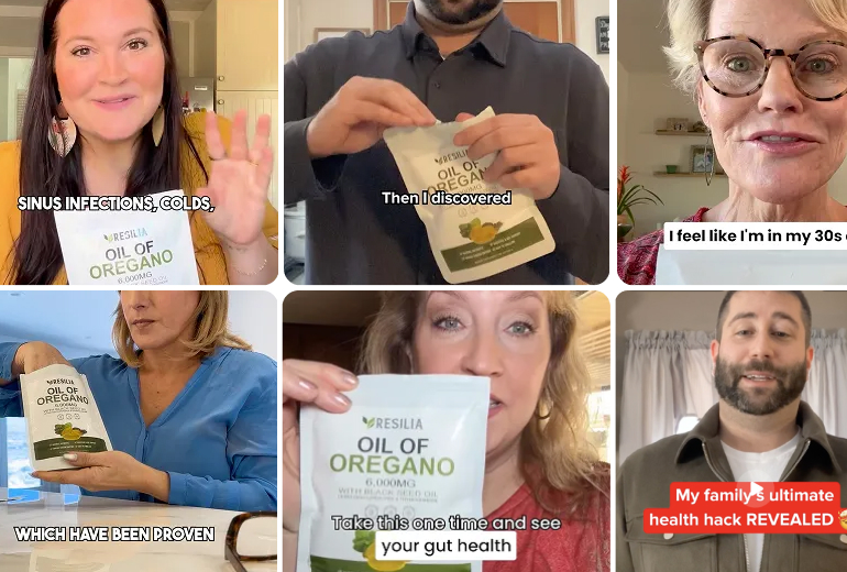 Collage of people holding 'Resilia Oil of Oregano' packaging and text describing health benefits.